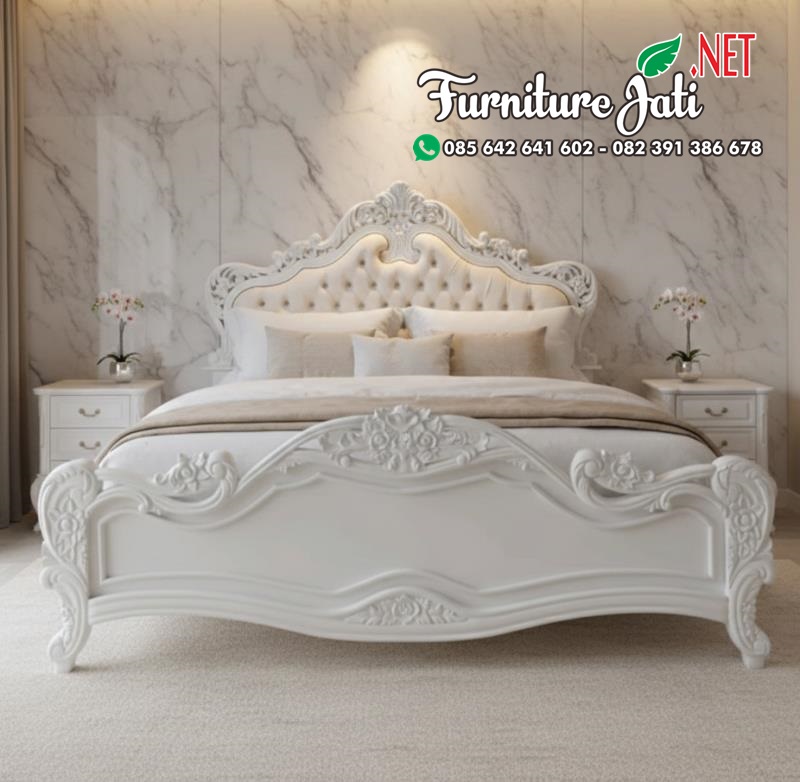 Tempat Tidur Ukiran Mewah Warna Putih